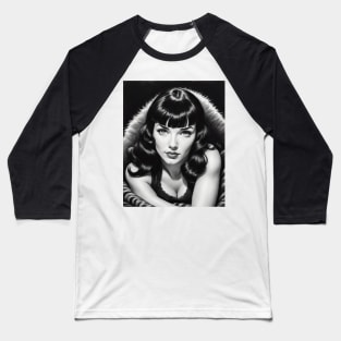 Bettie Page Black and White Portrait Baseball T-Shirt